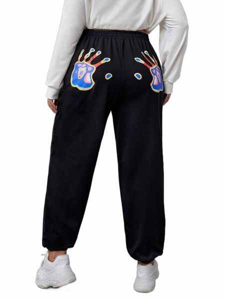 

plus size pants plus hand print slant pocket sweatpants 86no#, Black