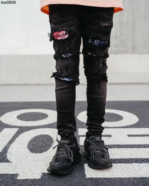 

jeans light color pleated patch beggar hole elastic slim fit little feet black jeans male, Blue