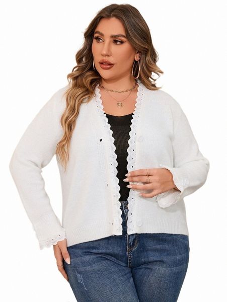 

plus size t-shirt plus eyelet embroidery scallop trim cardigan u4di#, Black