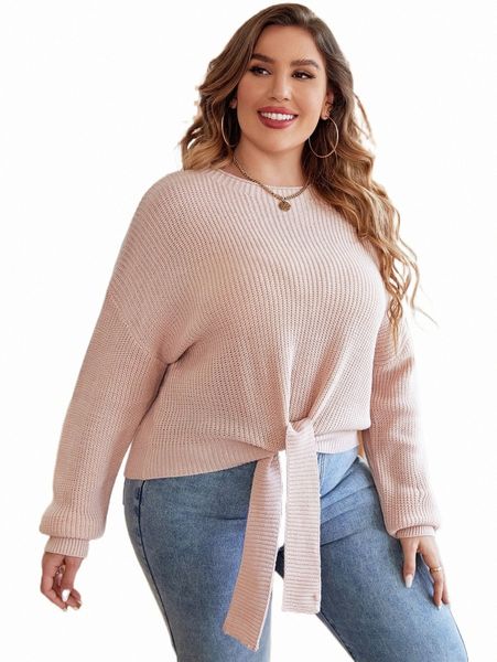 

plus size t-shirt plus knot front drop shoulder sweater m0ps#, Black