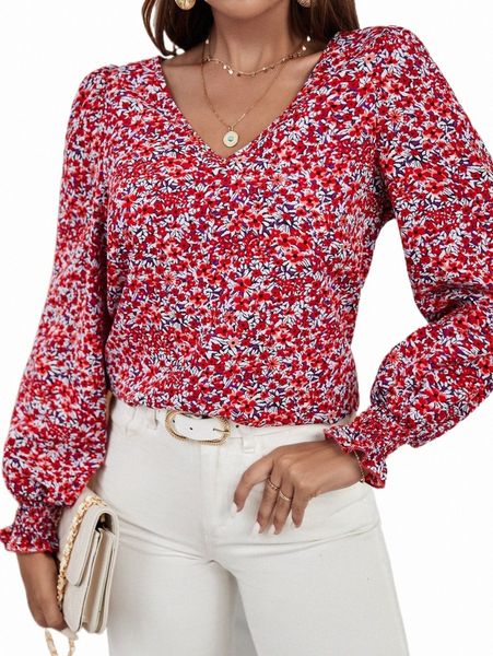

women's blouses & shirts ditsy floral print shirred cuff blouse i2e5#, White