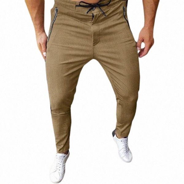 

men's pants men's pants skinny plain long work casual elasticated waist zip pockets trousers v4yo#, Black