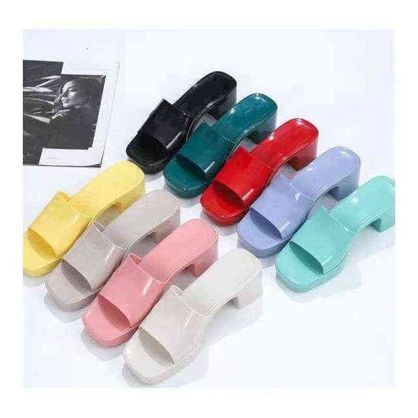 

designer rubber slide high heels sandals beach shoes slippers ladies summer rainbow jelly transparent platform leather letters casual, Black