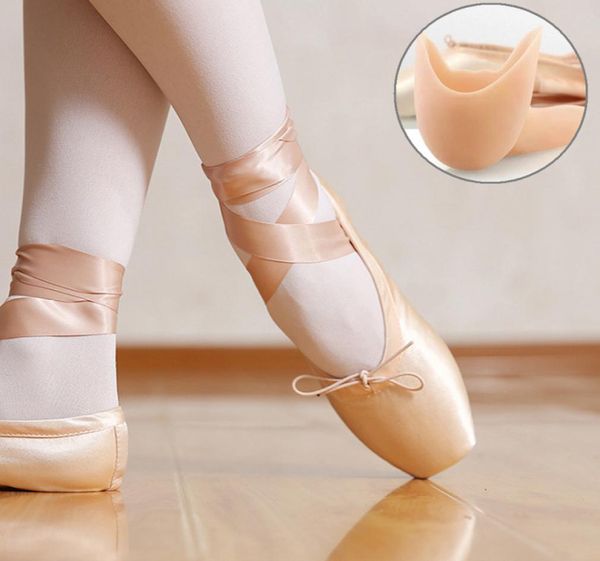 

new kids ballet pointe shoes nudered satin girls women professional dance shoes with ribbons silicone toe pad 201017
