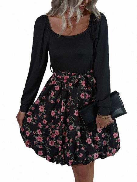 

casual dresses floral print belted dress 2022 new 11hh#, Black;gray