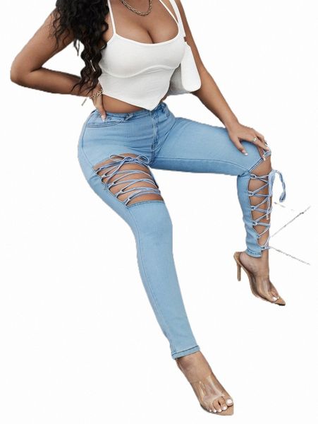 

women's jeans cut out lace up front skinny jeans t9dd#, Blue