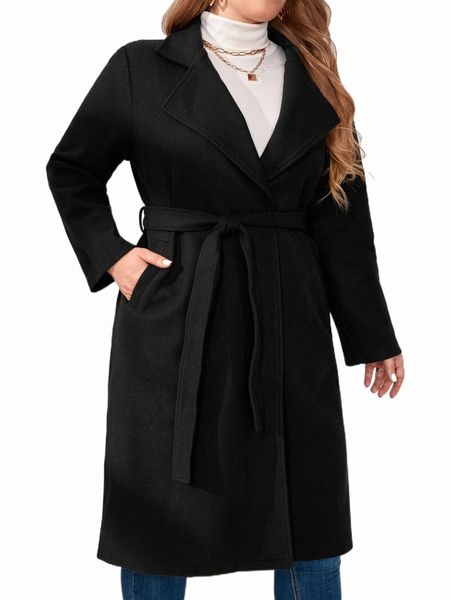

plus size outerwear & coats plus lapel neck belted overcoat m8u2#, Black