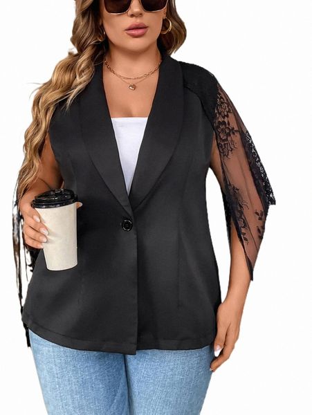 

plus size outerwear & coats plus contrast lace shawl collar blazer j8mk#, Black