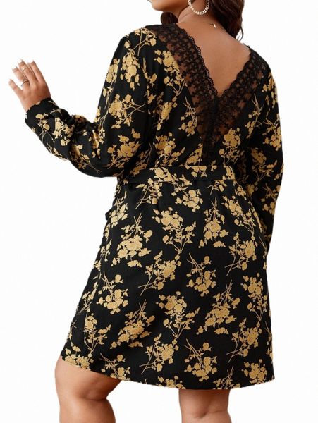 

plus size dresses plus floral print contrast embroidery mesh dress 156t#, Black