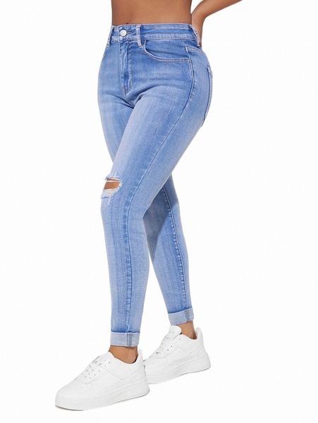 

women's jeans petite ripped roll up hem skinny jeans k7ao#, Blue