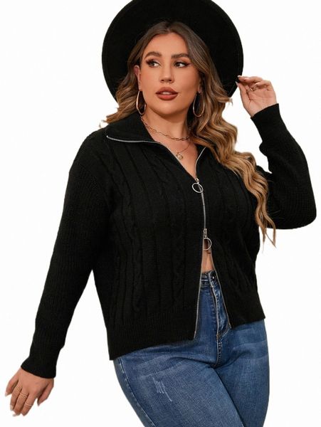 

plus size t-shirt plus cable knit drop shoulder o-ring zipper cardigan v29t#, Black