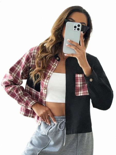 

women's jackets tartan print patched pocket jacket b5ig#, Black;brown