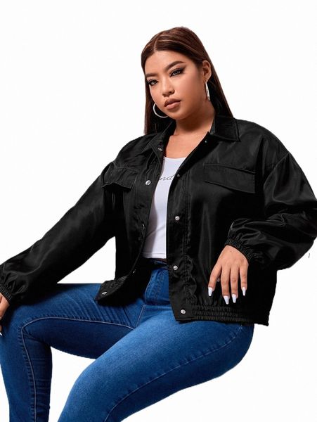 

plus size outerwear & coats plus drop shoulder flap detail jacket r2cc#, Black