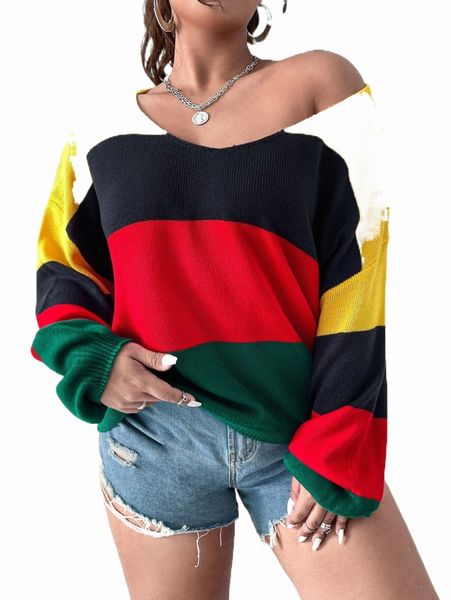 

plus size t-shirt plus color block drop shoulder sweater s2ki#, Black