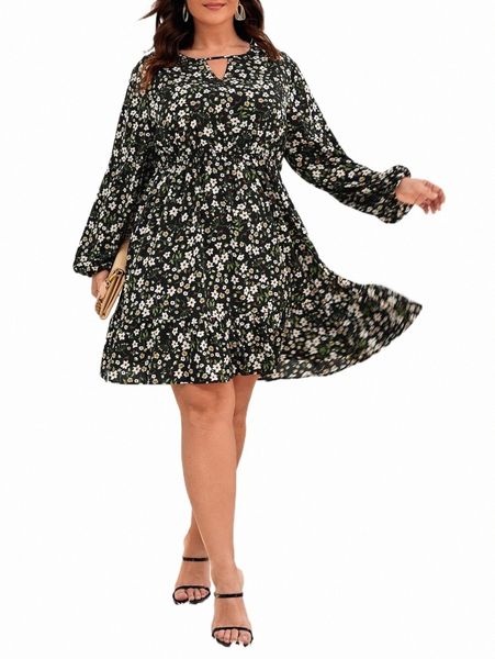 

plus size dresses plus floral print lantern sleeve ruffle hem dress i7cj#, Black
