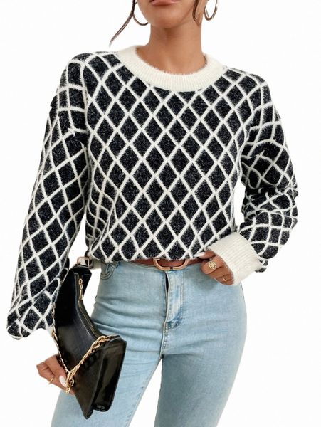 

women's sweaters geo pattern drop shoulder sweater v2qi#, White;black