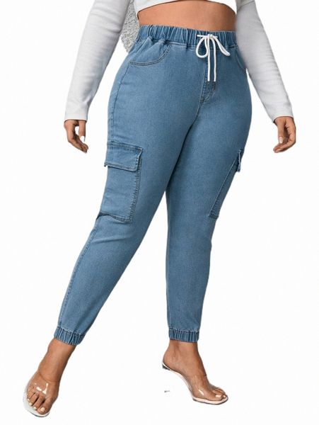 

women's jeans plus drawstring waist flap pocket jogger jeans m4ez#, Blue