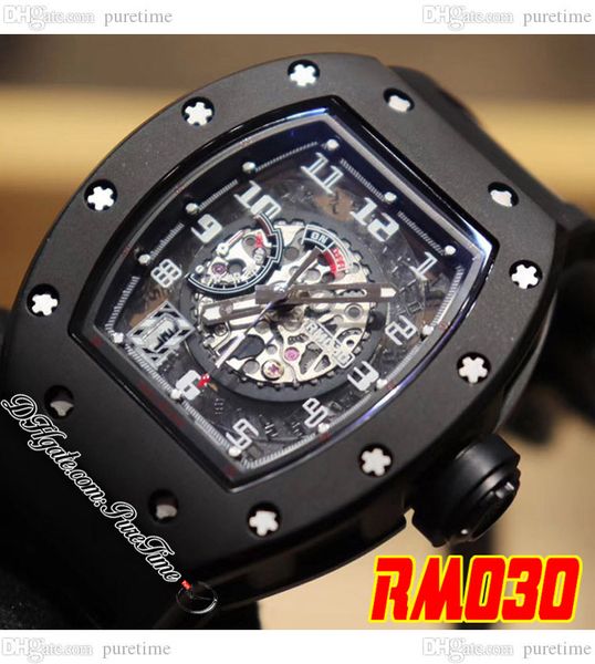 

030 white rush a21j automatic mens watch 2022 black ceramic case skeleton dial white number markers rubber strap 3 style puretime a1, Slivery;brown