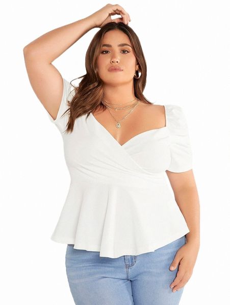 

plus size t-shirt evolu plus puff sleeve sweetheart neck peplum s0ib#, Black