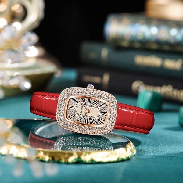 

vintage women's square wristwatches designer elegant quartz watches leather band waterproof wristwatch relojes de lujo green red for fe, Slivery;brown