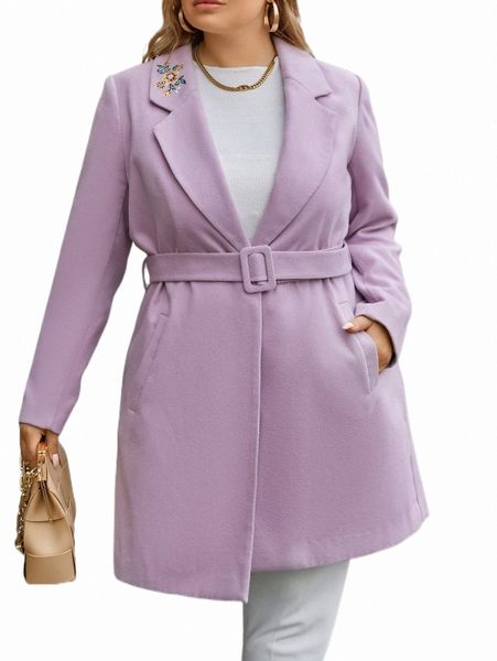 

plus size outerwear & coats plus lapel neck belted overcoat y0rh#, Black