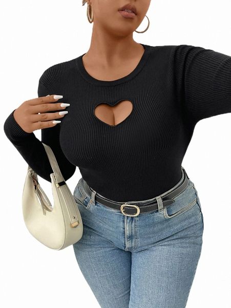 

plus size t-shirt plus heart cut out ribbed knit sweater p7nd#, Black