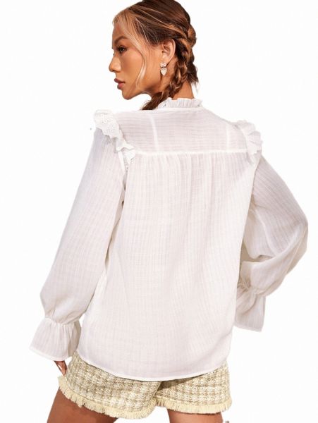 

women's blouses & shirts frill trim tie neck flounce sleeve blouse y6rg#, White