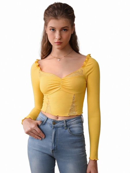 

women's t-shirt mod lettuce trim ruched front lace insert tee r0hk#, White