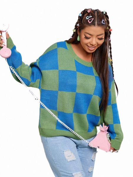 

plus size t-shirt plus checkered pattern drop shoulder sweater u3m7#, Black