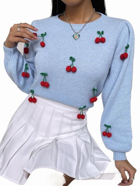 

women's sweaters cherry appliques lantern sleeve sweater 87vo#, White;black