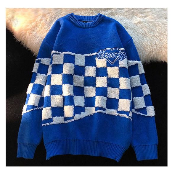 

autumn women's fashion blue sweaters beautiful plaid knitted brand loose and casual pullover keep warm chic female long sleeves knitwe, White;black