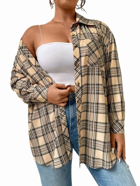 

plus size t-shirt plus plaid print drop shoulder shirt b8ab#, Black