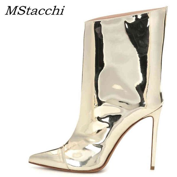 

boots women stiletto lacquer leather demonia be toe thin high heels shoes ladies metal gold ankle for 2022 220901, Black