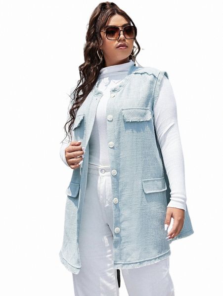 

plus size outerwear & coats plus flap detail raw trim tweed vest coat v2sy#, Black