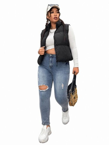 

plus size outerwear & coats plus zip up puffer vest winter coat n58a#, Black
