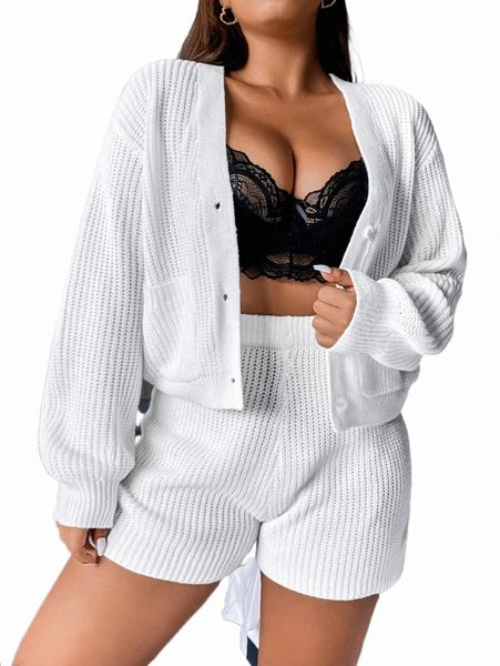 

plus size t-shirt plus drop shoulder pocket patched cardigan & knit shorts q9x7#, Black