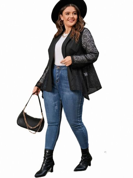 

plus size outerwear & coats plus contrast lace asymmetrical hem blazer e8fj#, Black
