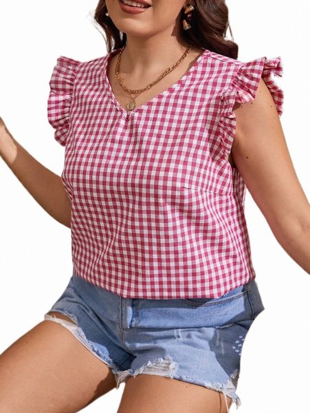 

plus size t-shirt plus gingham print butterfly sleeve blouse x40b#, Black