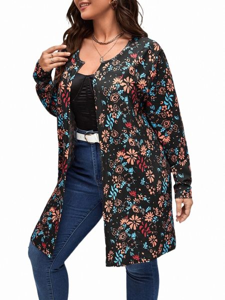 

plus size outerwear & coats plus floral print open front coat m0xy#, Black