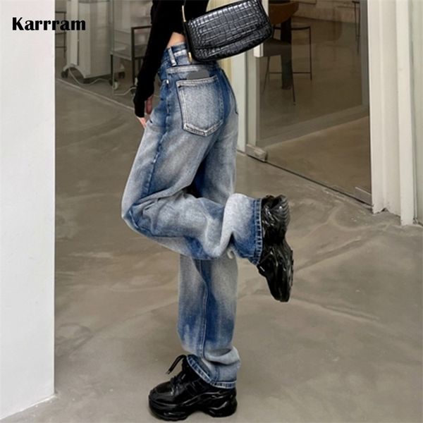 

women's jeans karrram korean gradient tie-dye blue jeans women high waist loose straight jeans vintage 90s streetwear baggy grunge deni