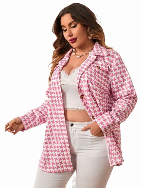 

plus size outerwear & coats plus houndstooth print flap pocket coat v8t8#, Black