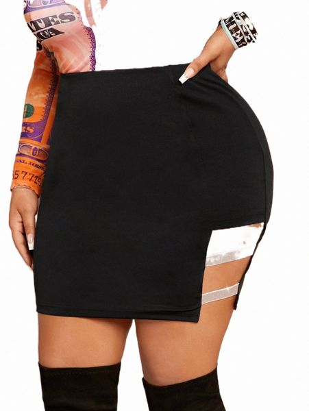 

plus size pants sxy plus high waist cut out bodycon skirt 55g1#, Black