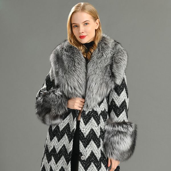 

women's wool blends sim solid woolen coat women luxurious fur collar bow belt wool jackets arrival 220908, Black