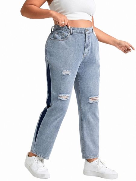 

women's jeans plus high waist ripped contrast side seam straight leg jeans r31n#, Blue