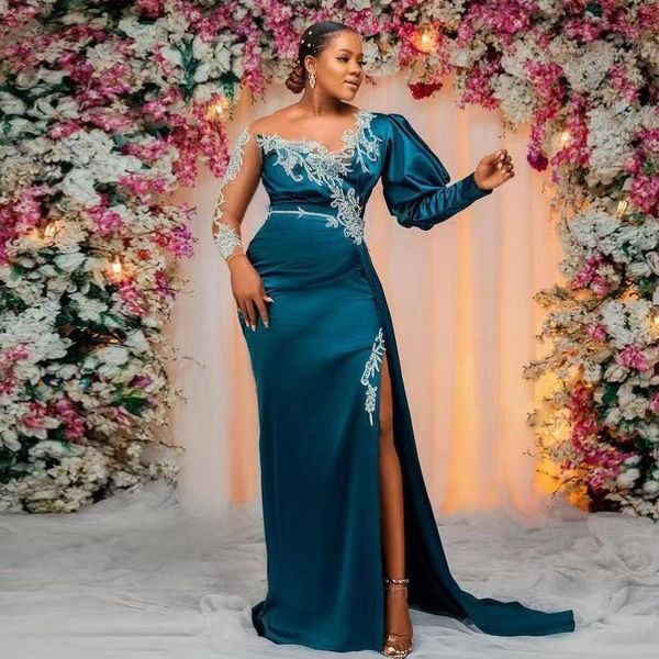 

2022 stunning side split sheath prom dresses long sleeves crystal beads satin sweep train evening party gowns sheer shoulder special occasio, Black