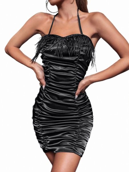 

casual dresses contrast fuzzy ruched halter neck satin dress m1qx#, Black;gray