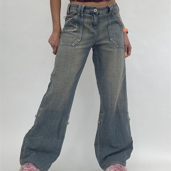 

women's jeans weekeep baggy denim mom jeans women high waist vintage oversized cargo pants casual streetwear harajuku straight leg jean, Blue