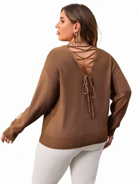 

plus size t-shirt plus lace up back drop shoulder cable knit sweater r3p1#, Black