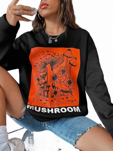 

women's hoodies & sweatshirts mushroom & letter graphic drop shoulder sweatshirt a6md#, Black