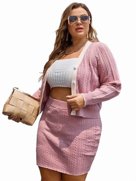 

plus size t-shirt plus contrast trim cardigan & cable knit skirt q7pm#, Black